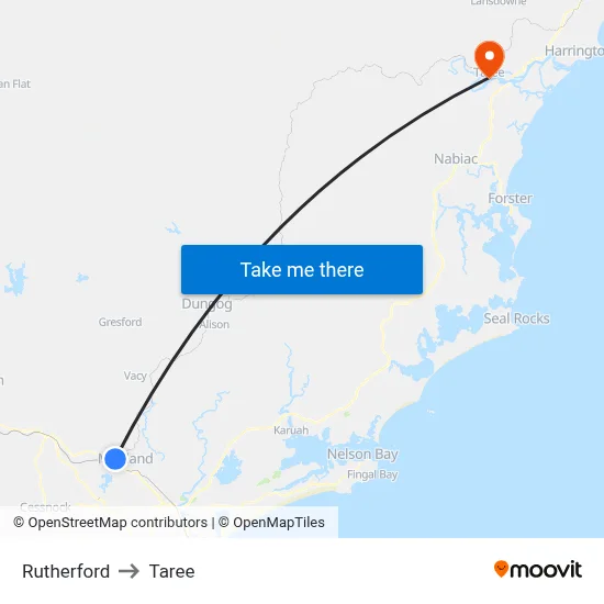 Rutherford to Taree map