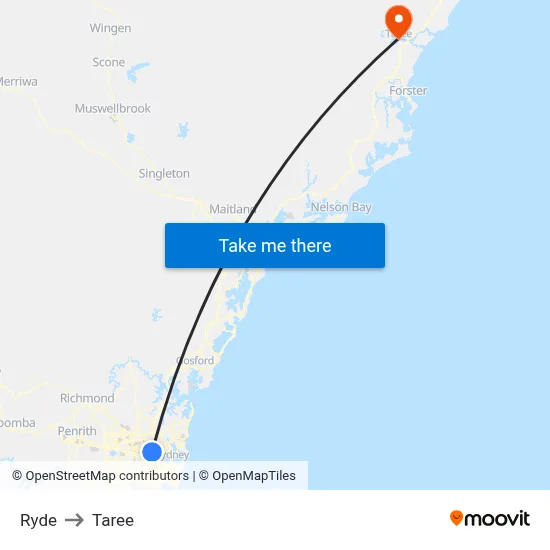 Ryde to Taree map