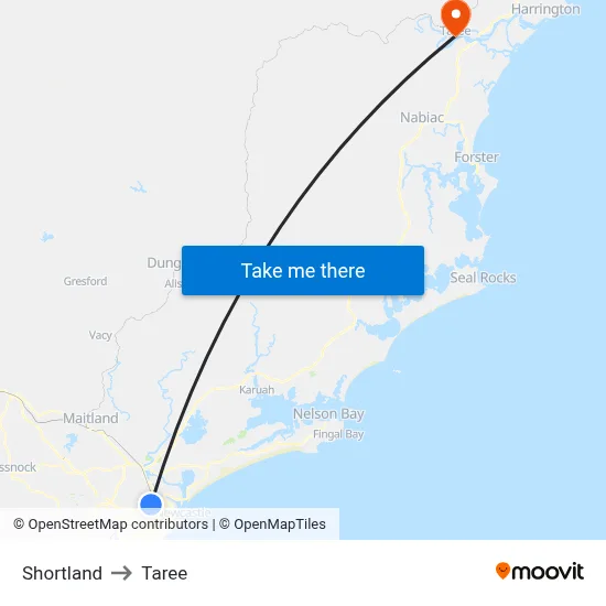 Shortland to Taree map