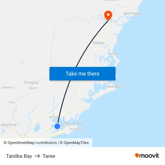 Tanilba Bay to Taree map