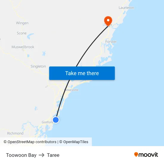 Toowoon Bay to Taree map