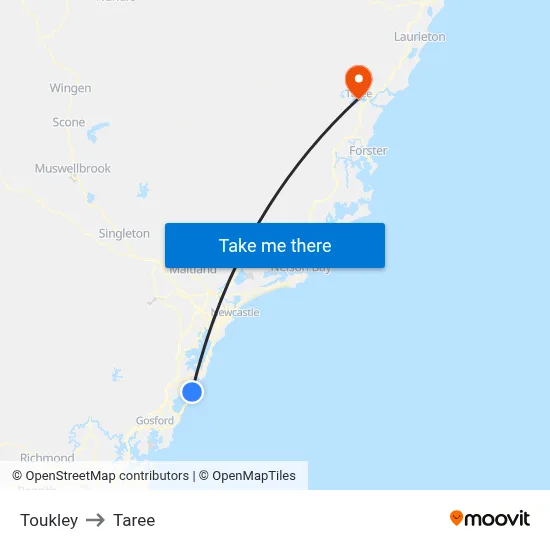 Toukley to Taree map