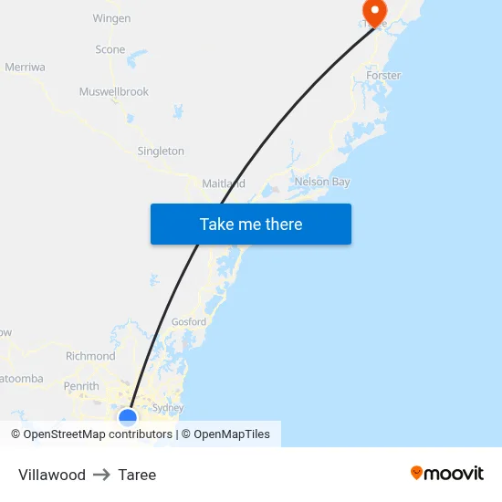 Villawood to Taree map