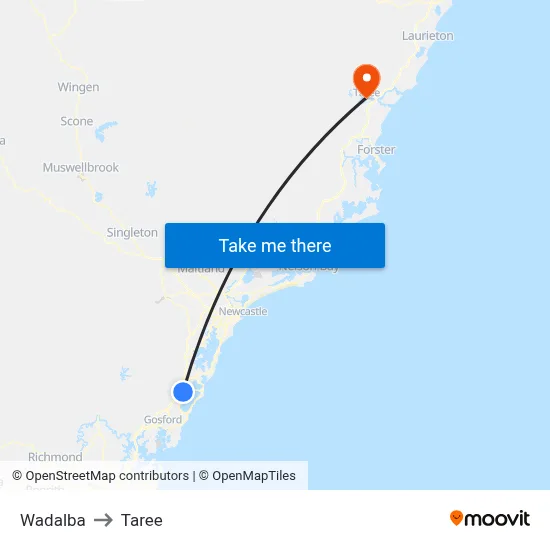Wadalba to Taree map