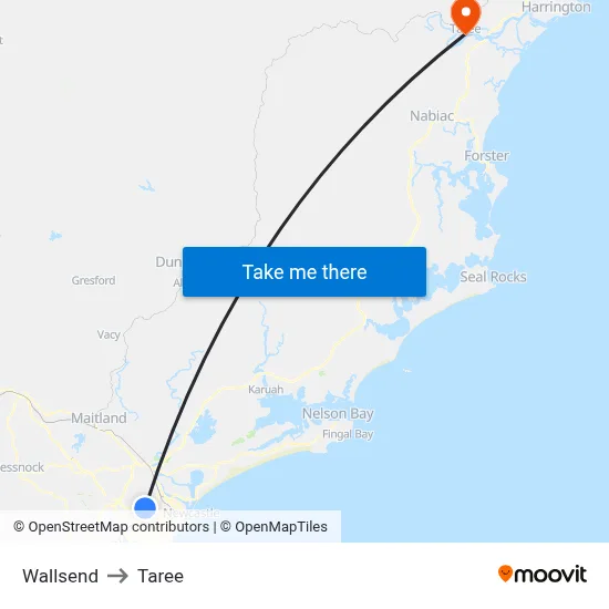 Wallsend to Taree map