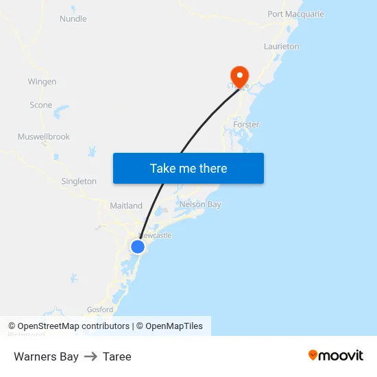 Warners Bay to Taree map