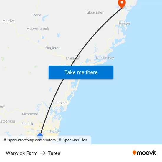 Warwick Farm to Taree map