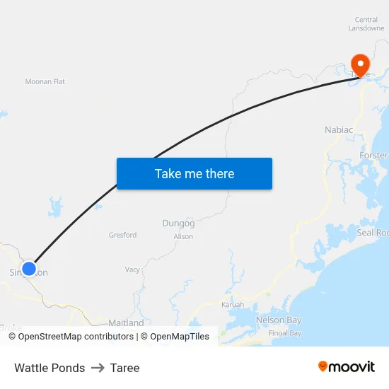 Wattle Ponds to Taree map