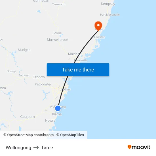 Wollongong to Taree map