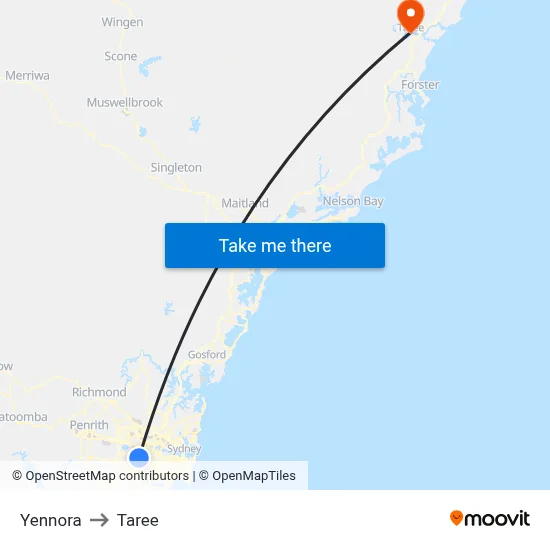 Yennora to Taree map