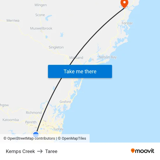 Kemps Creek to Taree map