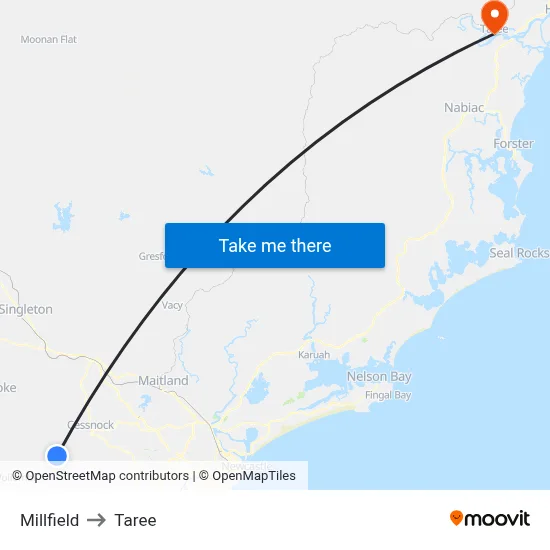Millfield to Taree map