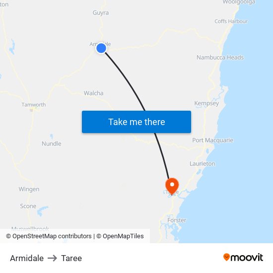 Armidale to Taree map