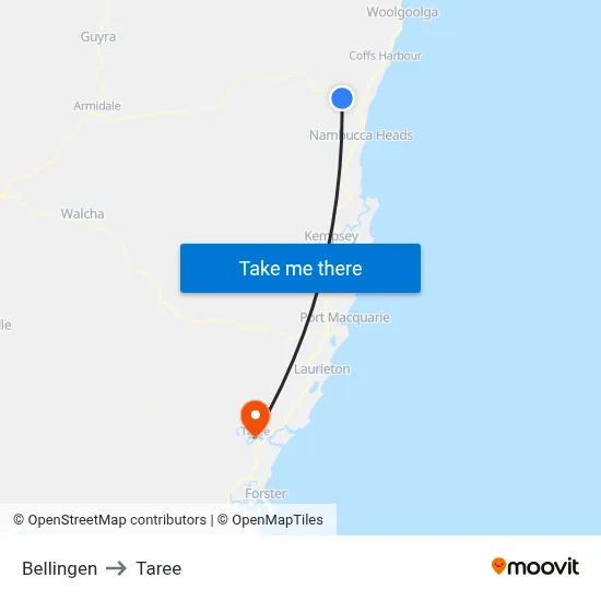 Bellingen to Taree map