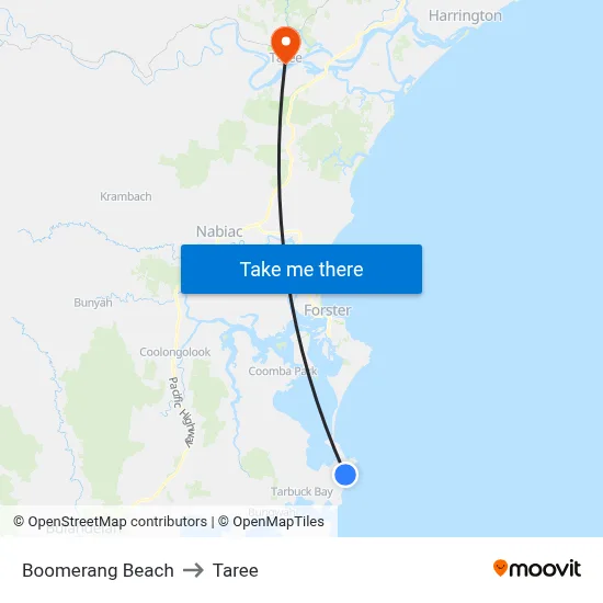 Boomerang Beach to Taree map