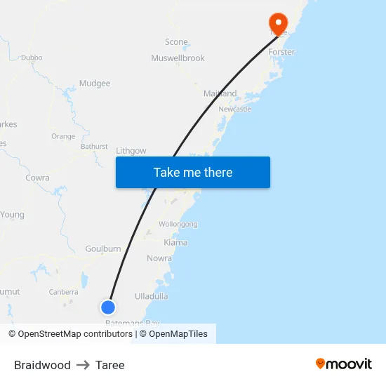Braidwood to Taree map