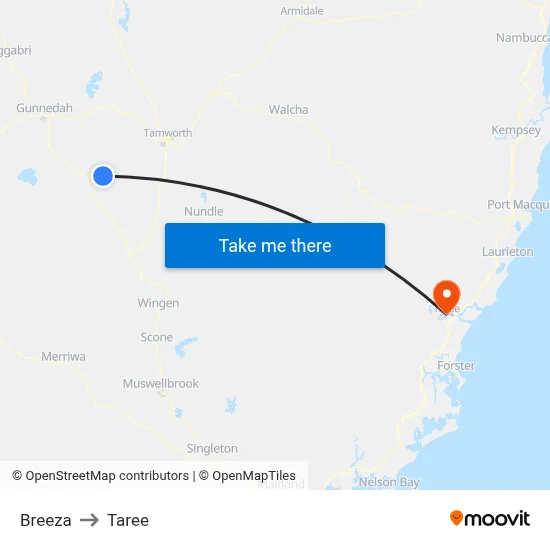 Breeza to Taree map
