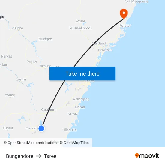 Bungendore to Taree map