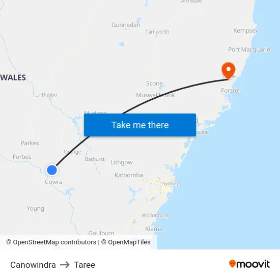 Canowindra to Taree map