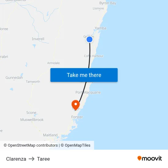 Clarenza to Taree map
