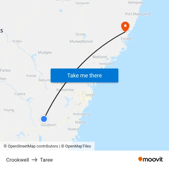 Crookwell to Taree map
