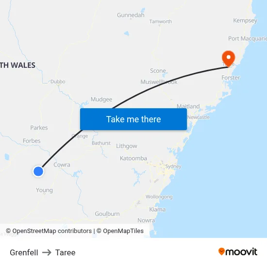 Grenfell to Taree map