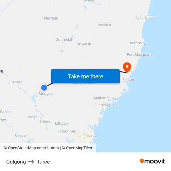 Gulgong to Taree map