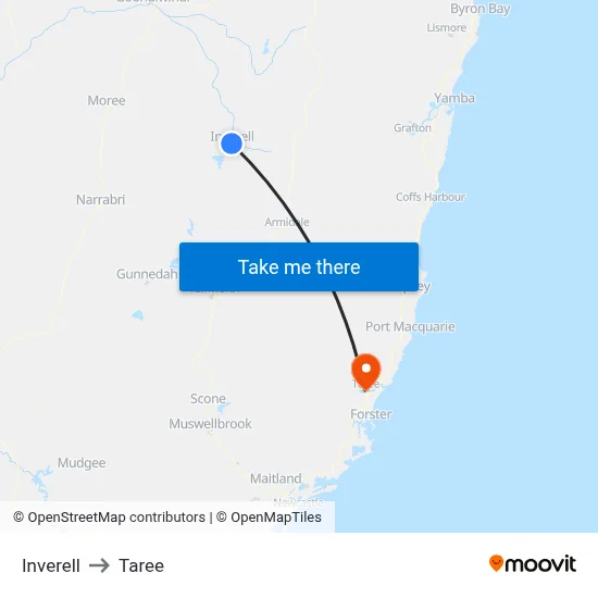Inverell to Taree map