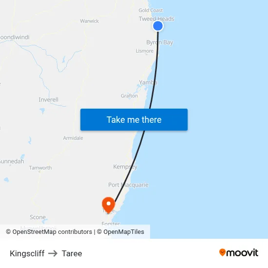 Kingscliff to Taree map