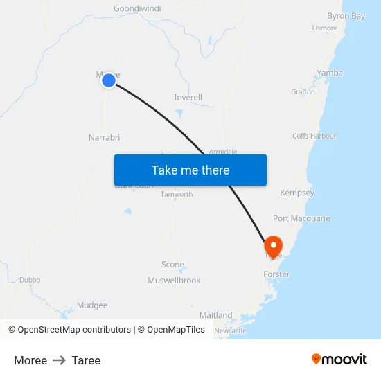 Moree to Taree map
