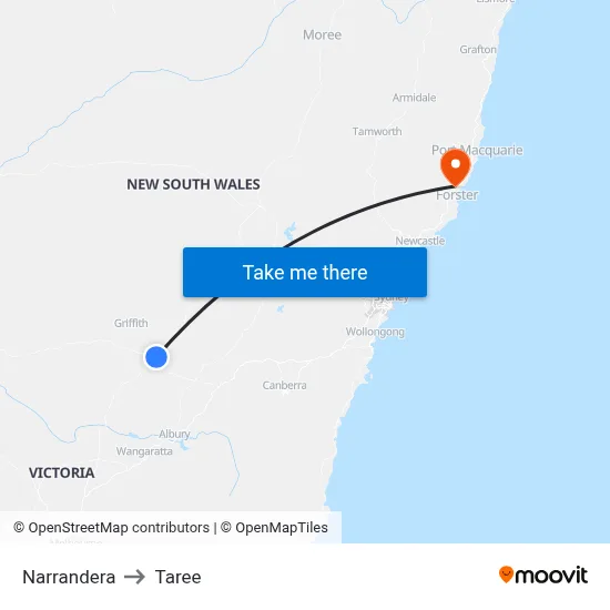 Narrandera to Taree map