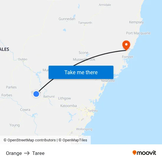 Orange to Taree map