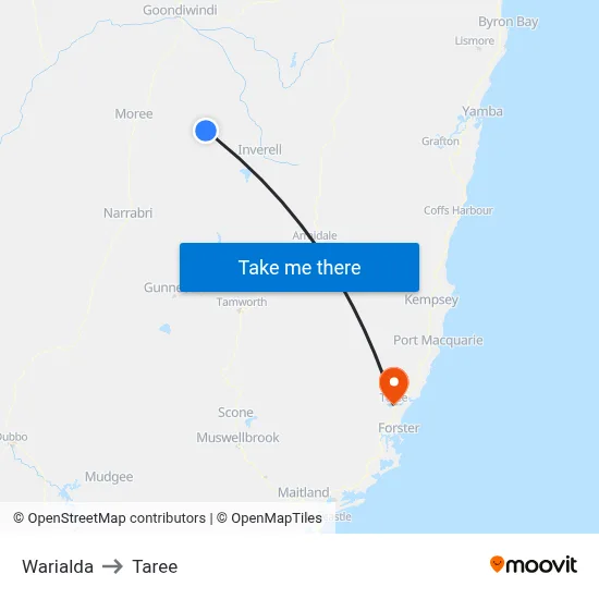 Warialda to Taree map