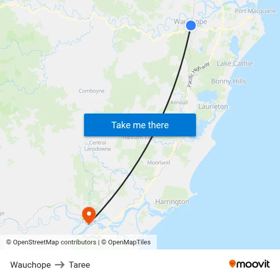 Wauchope to Taree map