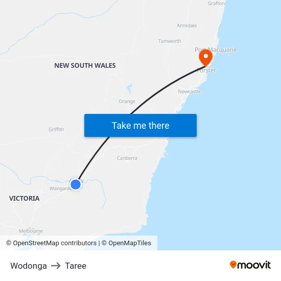 Wodonga to Taree map