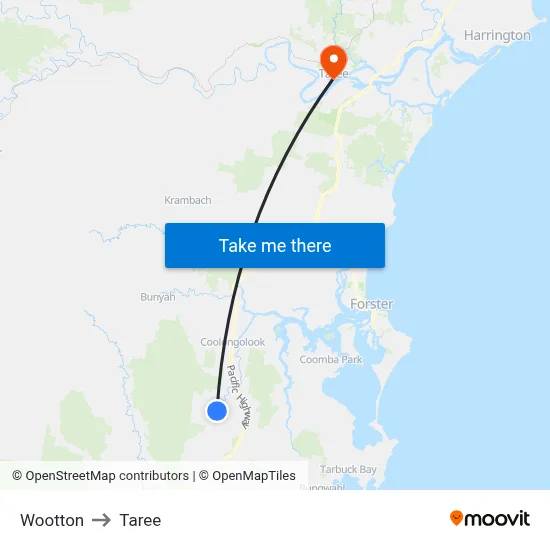 Wootton to Taree map