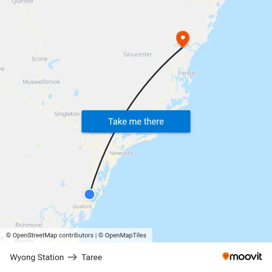 Wyong Station to Taree map