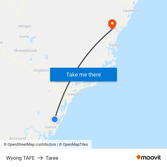 Wyong TAFE to Taree map