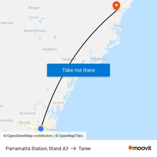 Parramatta Station, Stand A3 to Taree map