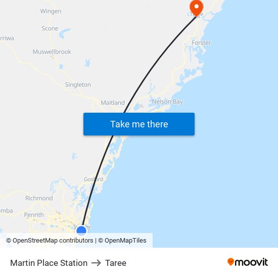 Martin Place Station to Taree map