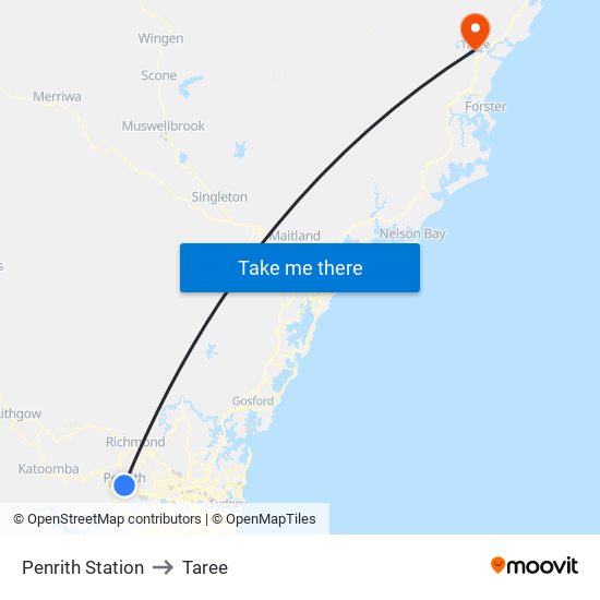 Penrith Station to Taree map