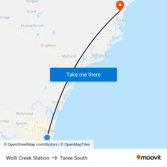 Wolli Creek Station to Taree South map
