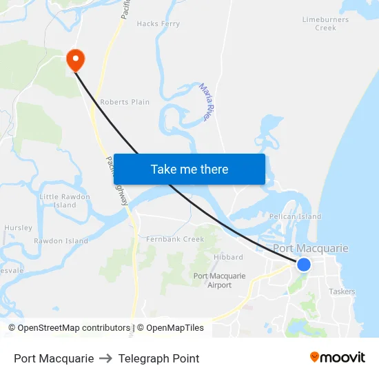 Port Macquarie to Telegraph Point map