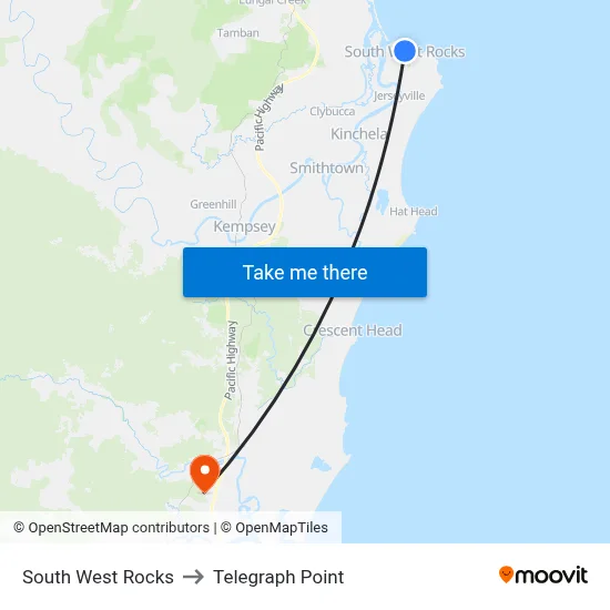South West Rocks to Telegraph Point map