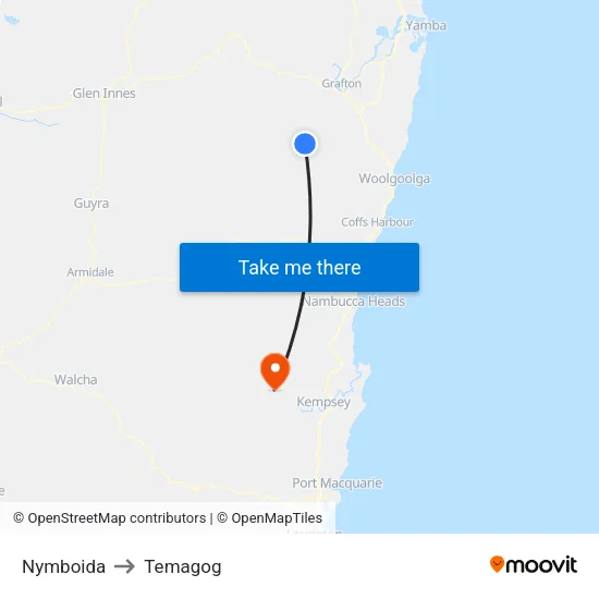 Nymboida to Temagog map
