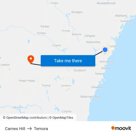 Carnes Hill to Temora map