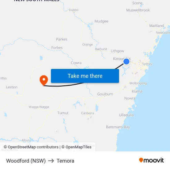 Woodford (NSW) to Temora map