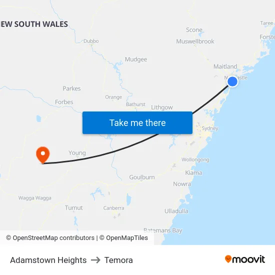 Adamstown Heights to Temora map