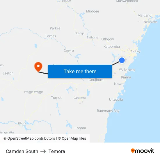 Camden South to Temora map