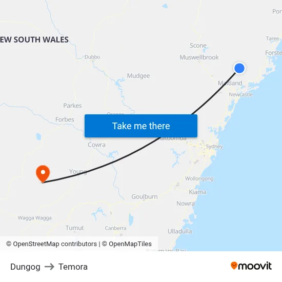 Dungog to Temora map